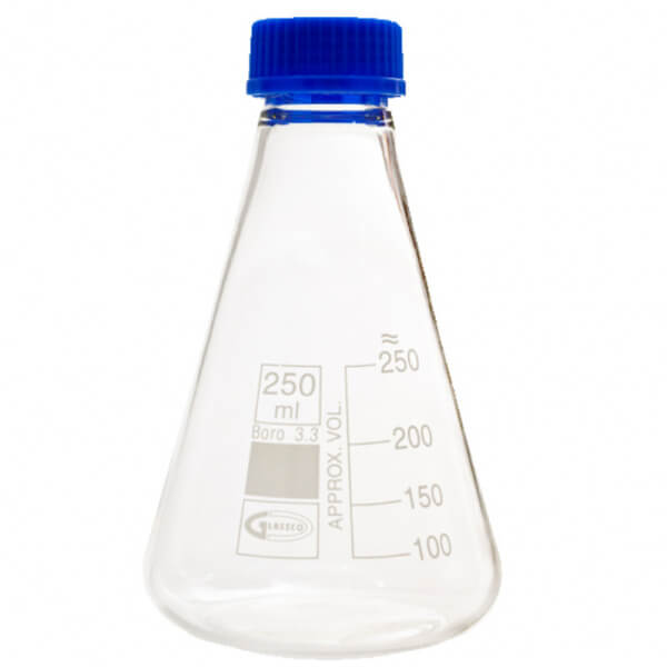 FIOLA/MATRAZ ERLENMEYER 250 ML CON TAPA ROSCA AZUL POLIPROPILENO