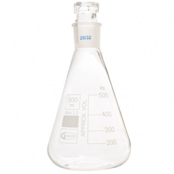 FIOLA/MATRAZ ERLENMEYER 500 ML CON TAPA DE VIDRIO ESMERIL 29/32