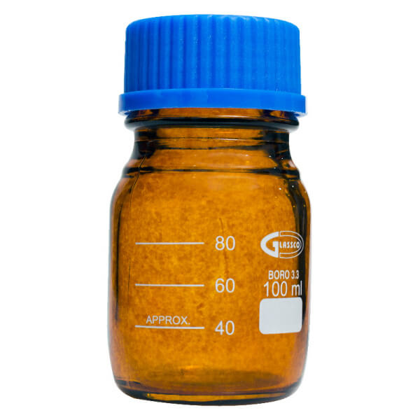 FRASCO DE VIDRIO AMBAR 100 ML TAPA ROSCA AZUL