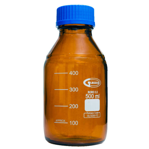 FRASCO DE VIDRIO AMBAR 500 ML TAPA ROSCA AZUL