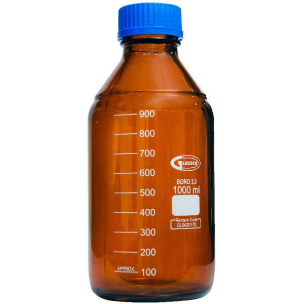 FRASCO DE VIDRIO AMBAR 1000 ML TAPA ROSCA AZUL