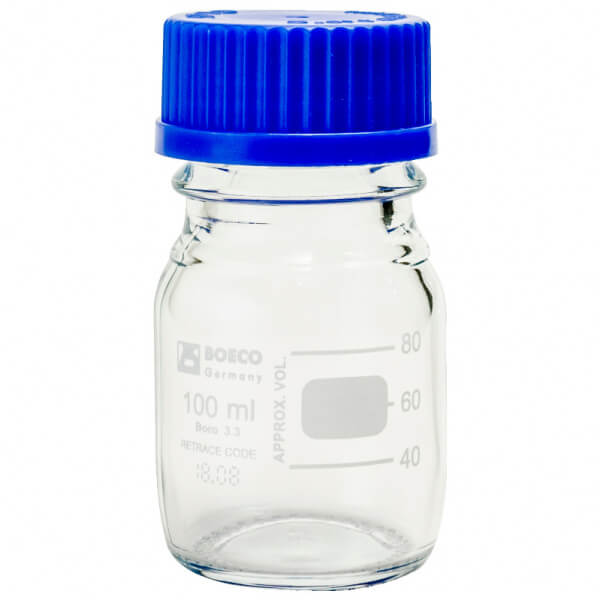 FRASCO DE VIDRIO TRANSPARENTE 100 ML C/TAPA ROSCA AZUL