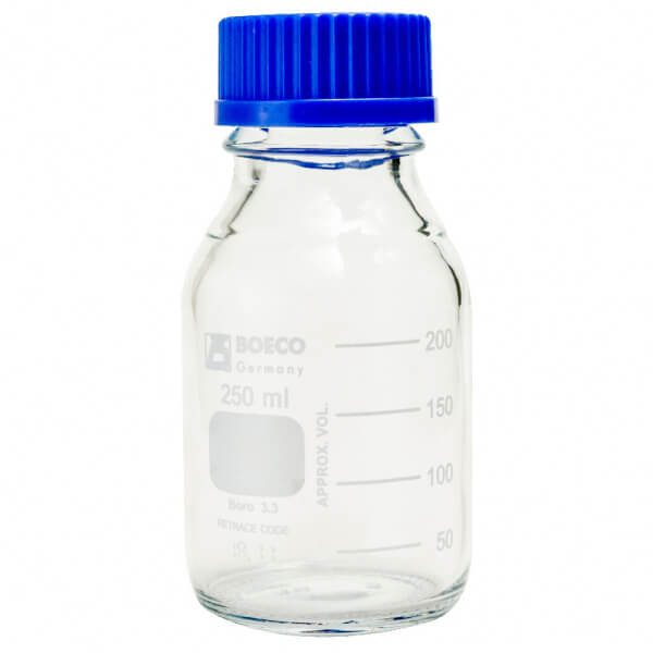 FRASCO DE VIDRIO TRANSPARENTE 250 ML C/TAPA ROSCA AZUL