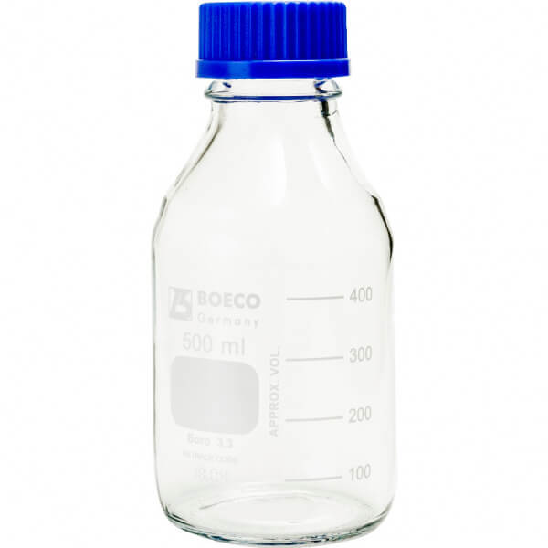 FRASCO DE VIDRIO TRANSPARENTE 500 ML C/TAPA ROSCA AZUL