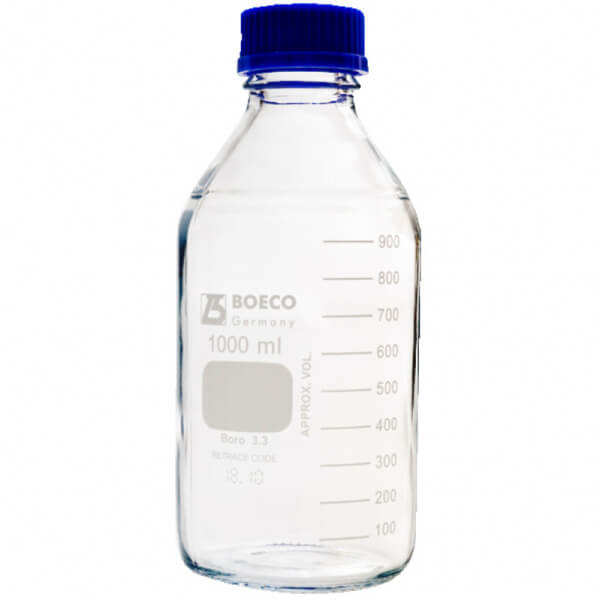 FRASCO DE VIDRIO TRANSPARENTE 1000 ML C/TAPA ROSCA AZUL