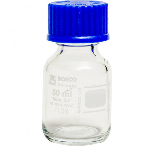 FRASCO DE VIDRIO TRANSPARENTE 50 ML C/TAPA ROSCA AZUL