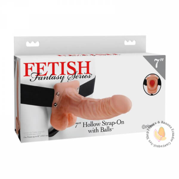 Fetish Fantasy Series Hollow Strap-On Dildo con bolas y arnés elástico 7in - Vainilla