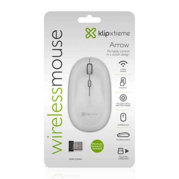 MOUSE INALAMBRICO - KLIP XTREME - USB - WIRED - CLASSIC WHITE - 4 BUTTONS 1600DPI BLANCO