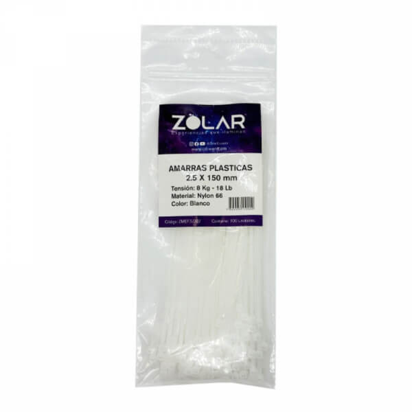 Amarra plastica 2.5 x 150mm blanca
