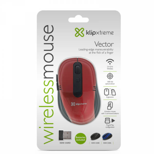 MOUSE 6BUTTON OPT 1600DPI WIRELESS RED -KLIPX KMW330RD