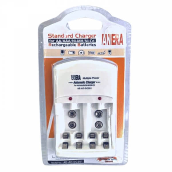 CARGADOR UNIVERSAL PILAS RECARGABLES AA AAA Y 9V MARCA ANERA