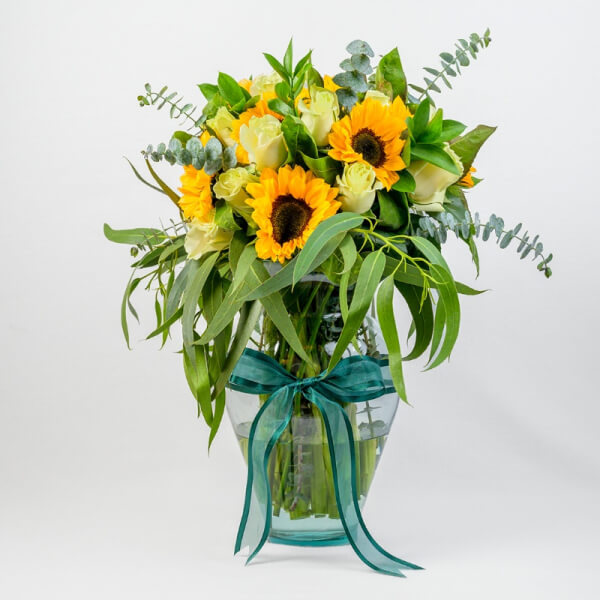 Shalom Flowers Base: Florero Exclusivo de Girasoles y Rosas Blancas| Envio a Guayaquil - Samborondon - Daule
