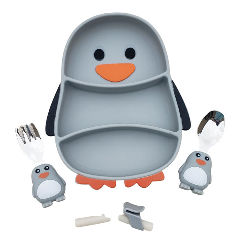 PLATO SILICON PINGUINO CON CUBIERTOS (CUCHARAS)