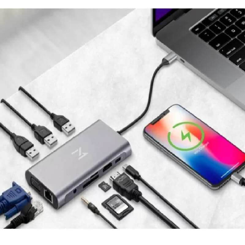 ADAPTADOR MULTIPLE DOCKING USB C CON MONITOR DOBLE, ESTACIÓN DE ACOPLAMIENTOLAPTOP USB-C 11 EN 1 A HDMI 4K DUAL, VGA, GIGABIT ETHERNET, 3 USB 3.1