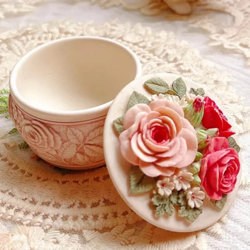 Molde de silicona con diseño de CAJA JOYERIA CON FLORES para uso en Velas, Jabones, resina, chocolate o yeso.