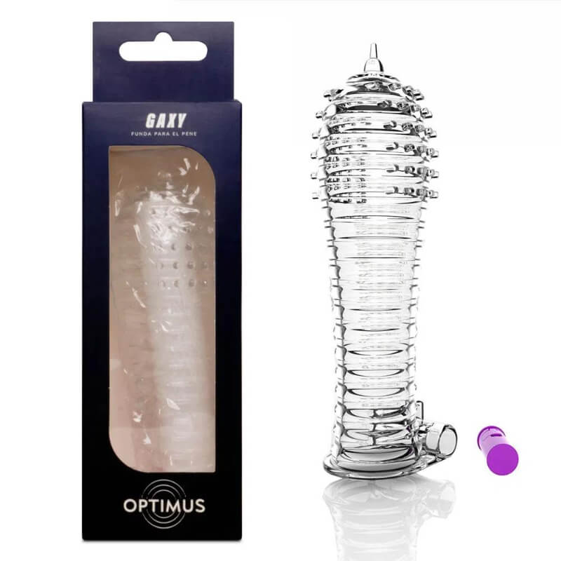 Funda para el pene Gaxy con pupos y texturas estimuladores y vibración para clítoris