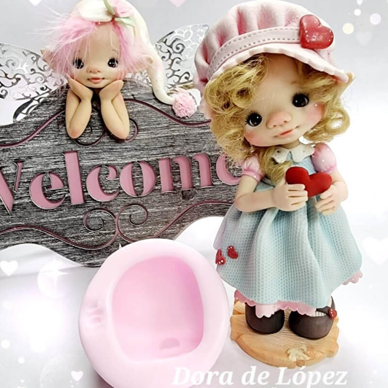 Molde de silicona ROSTRO DUENDITA para uso en porcelana fría, DORA DE LOPEZ.