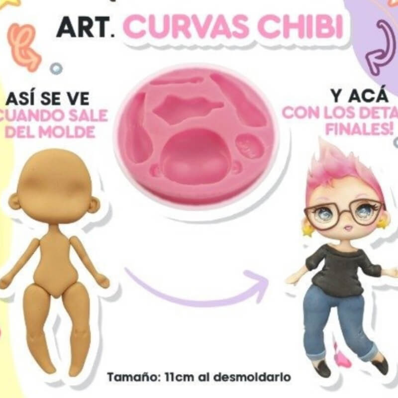 Molde de silicona CURVAS CHIBI para uso en porcelana fría. MUM.