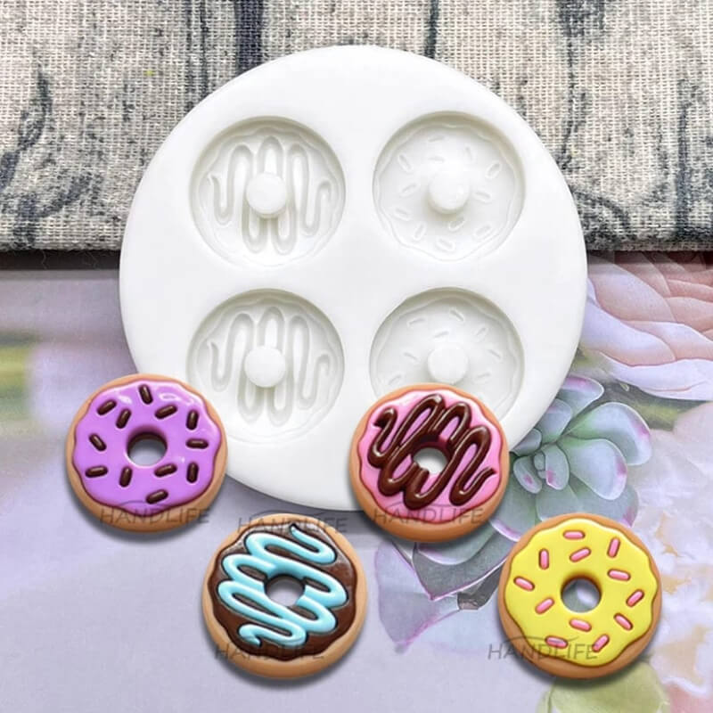 Molde de silicona con diseño de MINI DONAS X 4 para uso en Velas, resina, porcelana fria, fondant, chocolate.