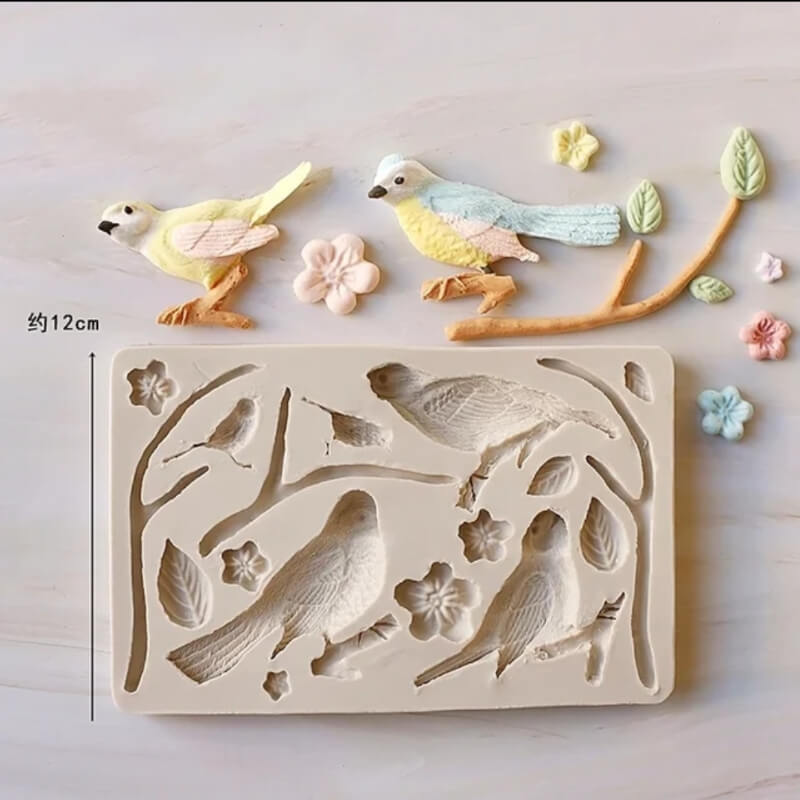 Molde de silicona con diseño de PAJAROS CON RAMAS para uso en Velas, Jabones, resina, porcelana fría,chocolate .