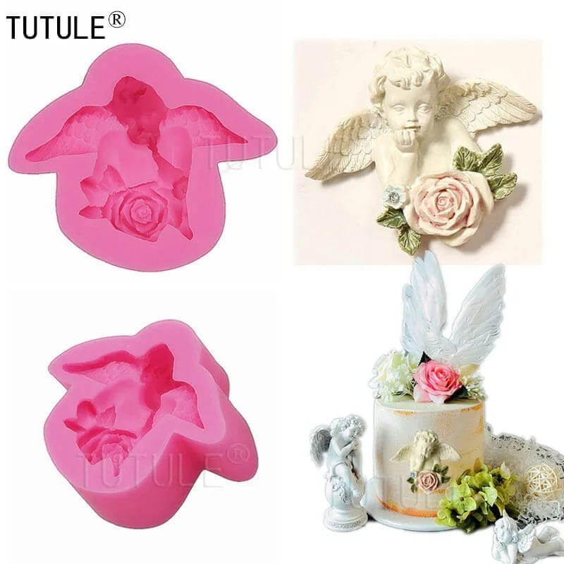 Molde ANGEL CON ROSA elaborado en silicona para uso en Velas, jabones, yeso, chocolate, fondant, yeso, resina, porcelana fría.