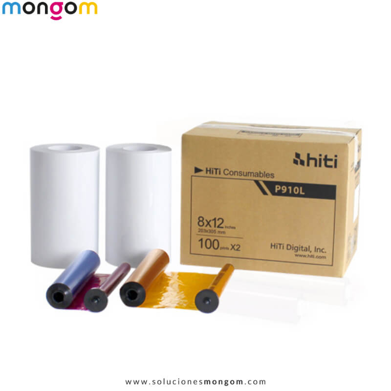 Kit de Consumibles HiTi P910L 8x10 y 8x12 | 200 Impresiones de Gran Formato | Colores Verdaderos y Alta Calidad | Soluciones Mongom