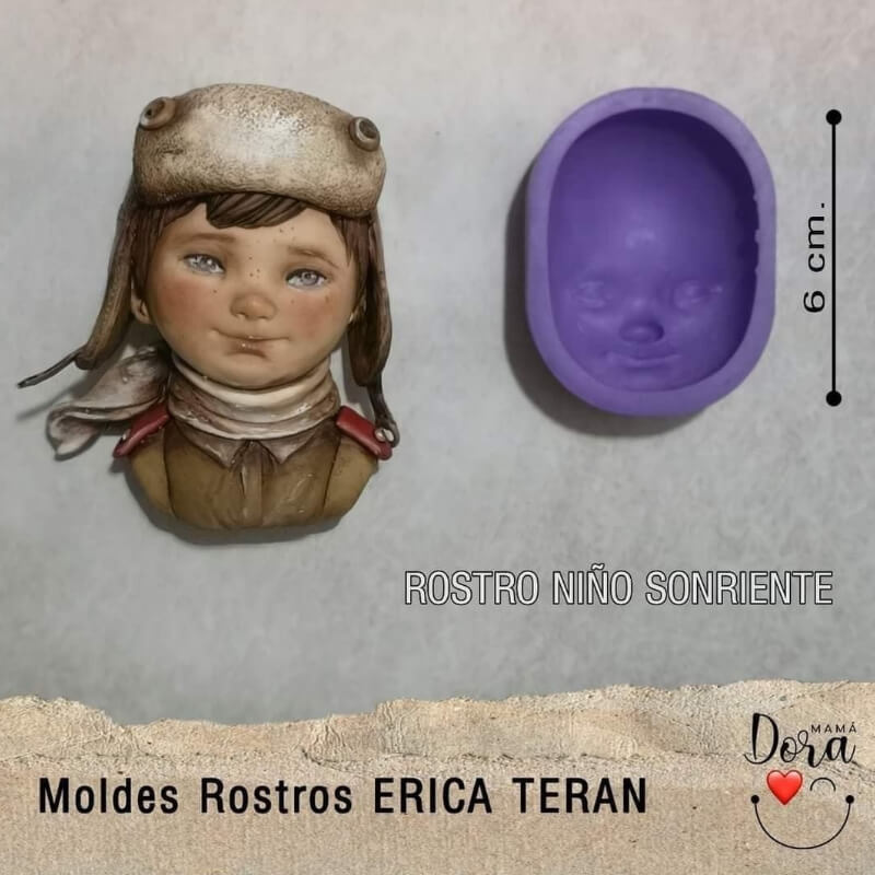 Molde de silicona ROSTRO NIÑO SONRIENTE para uso en porcelana fría. ERICA TERAN.