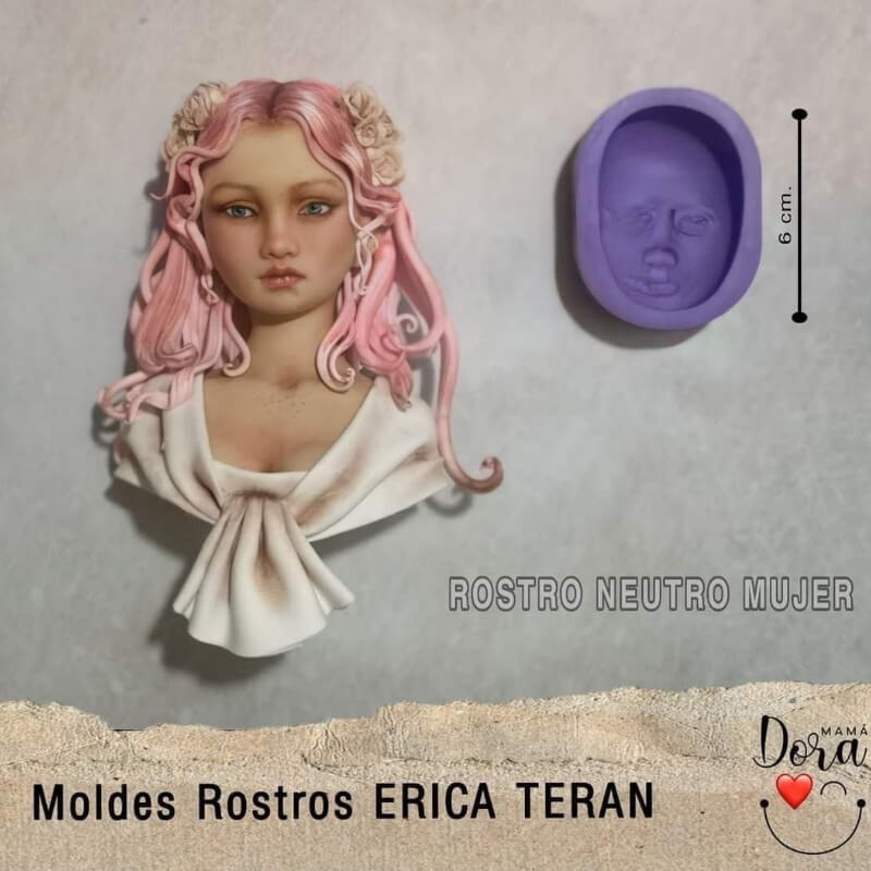 Molde de silicona ROSTRO NEUTRO MUJER para uso en porcelana fría. ERICA TERAN.