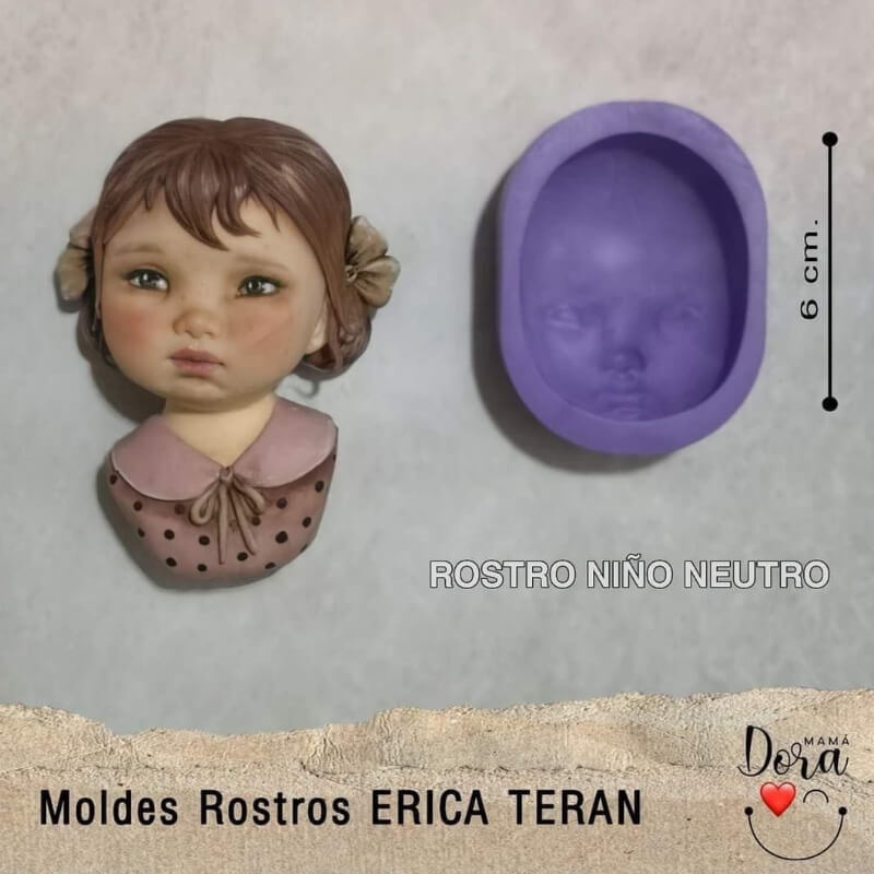 Molde de silicona ROSTRO NIÑO NEUTRO para uso en porcelana fría. ERICA TERAN.