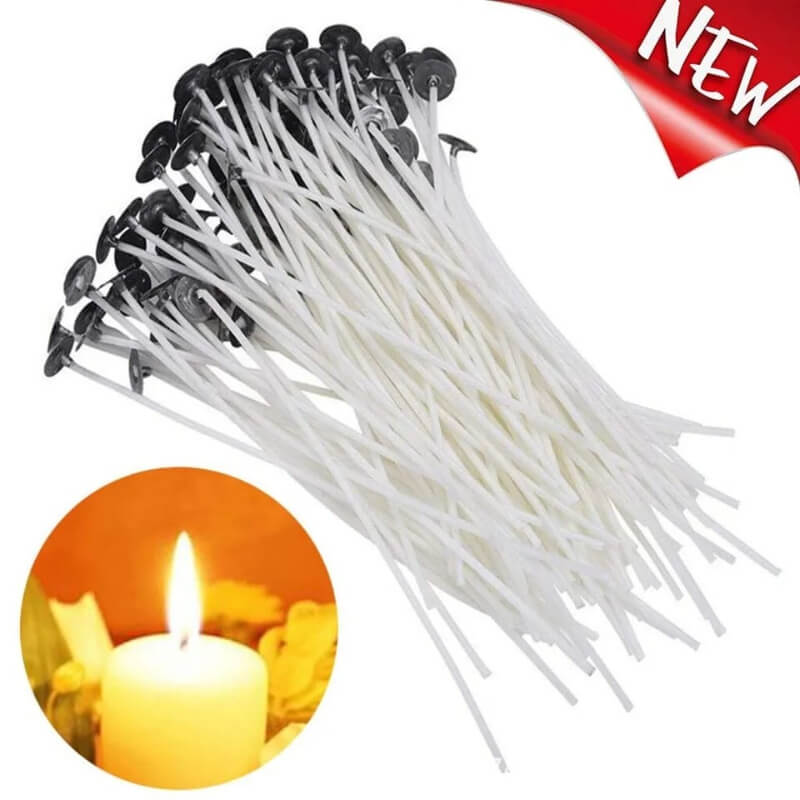Mechas enceradas para velas de 15 cm de largo con porta mechas (25 u) .