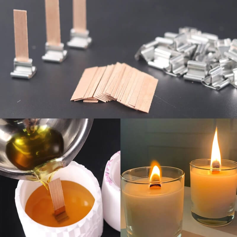 Mechas de madera para velas de 12.5 cm de largo con porta mechas (10 u) .
