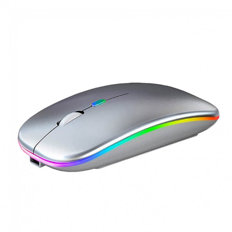MOUSE INALÁMBRICO PLATEADO BLUETOOTH, RECARGABLE CON LED, SILENCIOSO Y DELGADO, PORTÁTIL (BT5.2 + RECEPTOR USB), MOUSE DE COMPUTADORA DE MODO DUAL PAR