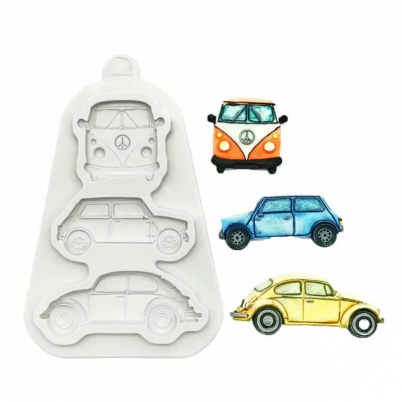 Molde de silicona con diseño CARROS X 3 para uso en Velas, Jabones, resina, chocolate, porcelana fría.