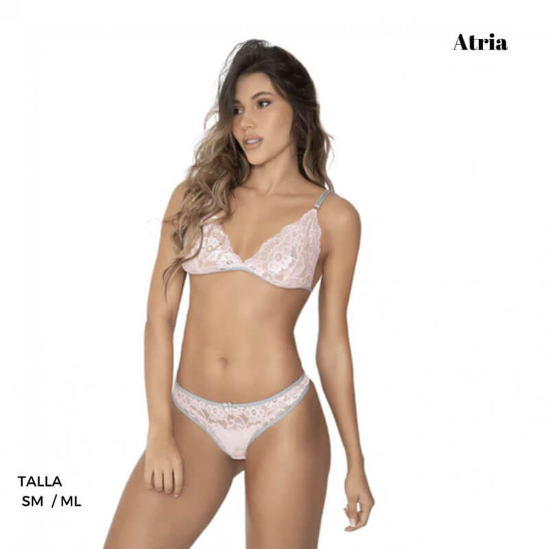 Conjunto Atria Lerot: Lencería Sexy y Erótica de Encaje Rosa Pastel y Gris Claro