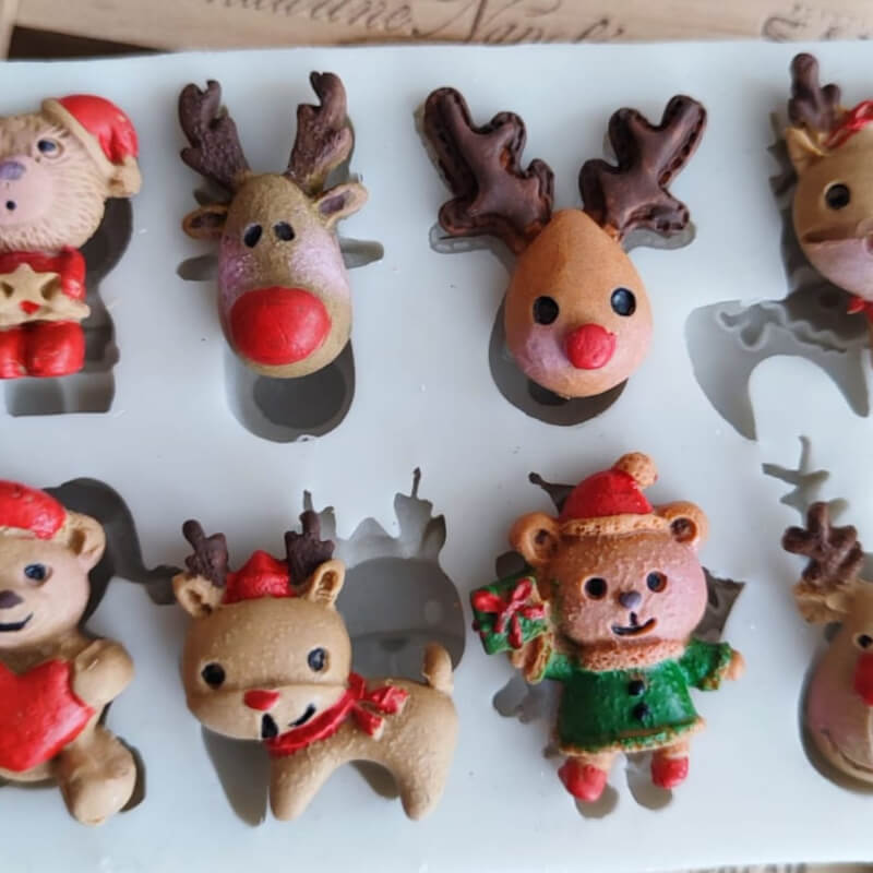 Molde de silicona reno x5 y oso x3 navideño.