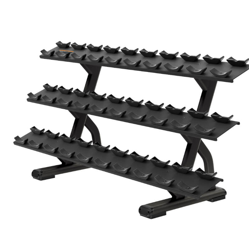 Rack de 3 niveles Precor para 15 pares de mancuernas serie Discovery | Fitness Solutions Ecuador