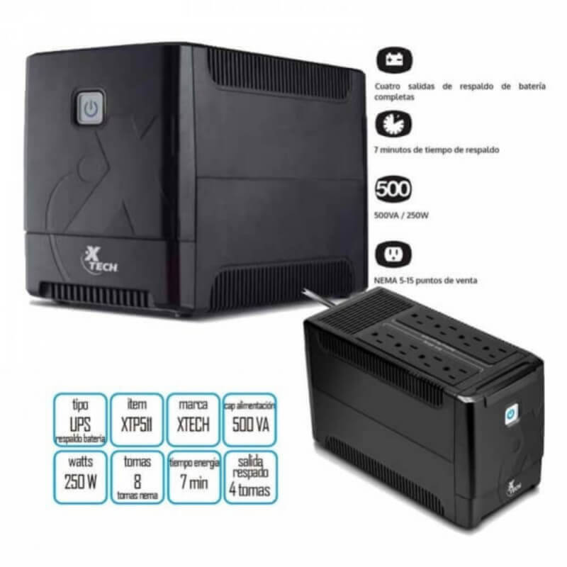 XTECH - UPS XTP-511 - 250 WATT - 500 VA - AC 110 V - 8 OUTLETS