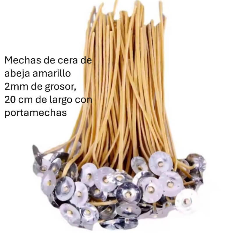 Mechas de cera de abeja amarillo alta calidad 2mm de grosor, 20 cm de largo con portamechas