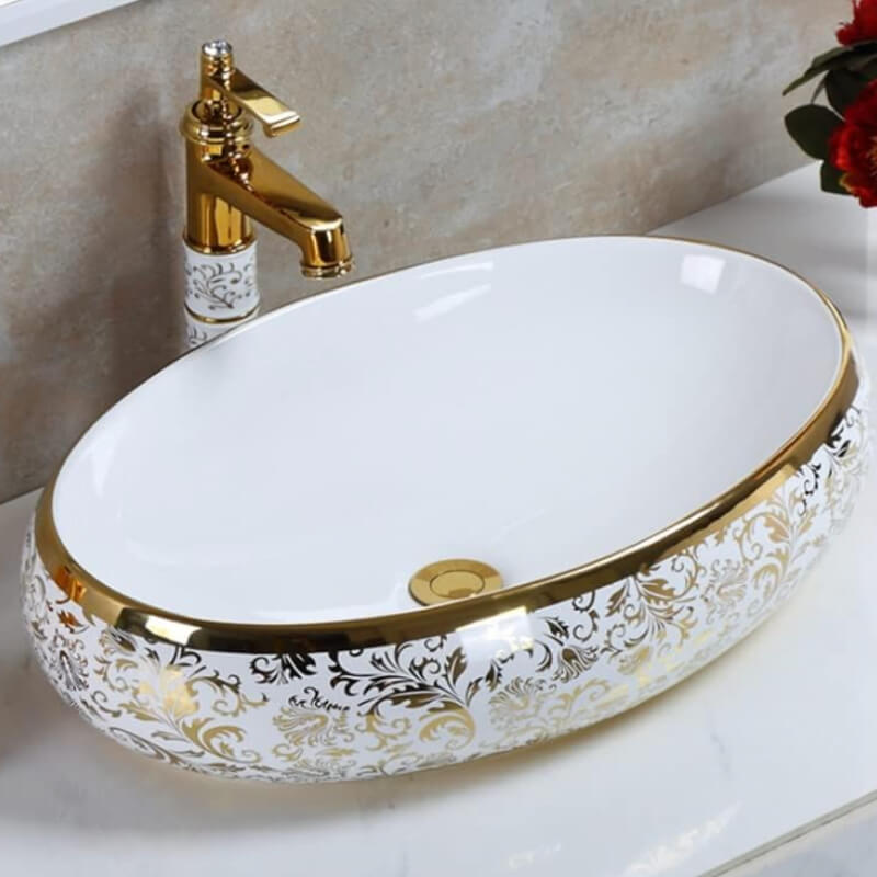 Lavamanos ovalado con diseños dorado