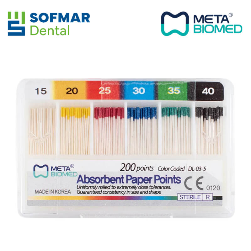 Puntas de Papel Dental Meta Biomed Surtido 15-40 (200 piezas) – Máxima Absorción para Tratamientos Endodónticos | Depósito Dental Sofmar