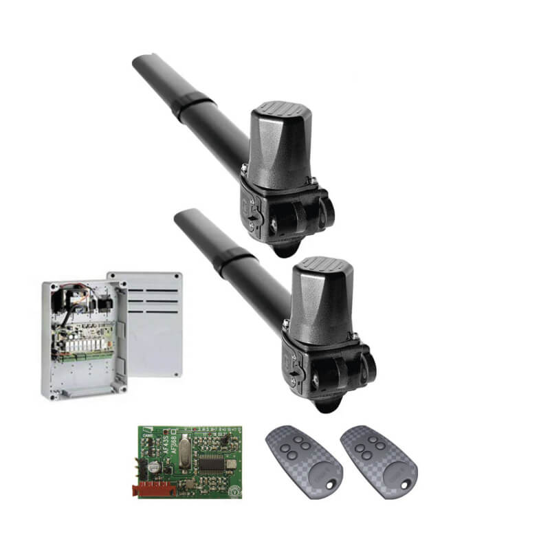 KIT MOTOR DE BRAZOS KRONO PARA PUERTAS BATIENTES HASTA 3MTS. INC. CUADRO DE MANDO MODELO ZF1N, TARJETA RF MODELO 001AF43S, EMISOR BICANAL MULTIUSUARIO