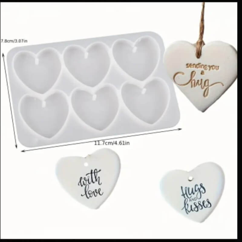 Molde de silicona de Corazones colgantes x6 para uso en yeso, cemento, chocolate, velas. resina epoxica, resina.