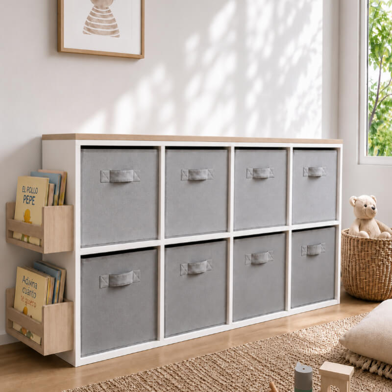 Juguetero X8 + 8 Cajas + Libreros + Tablero tipo madera
