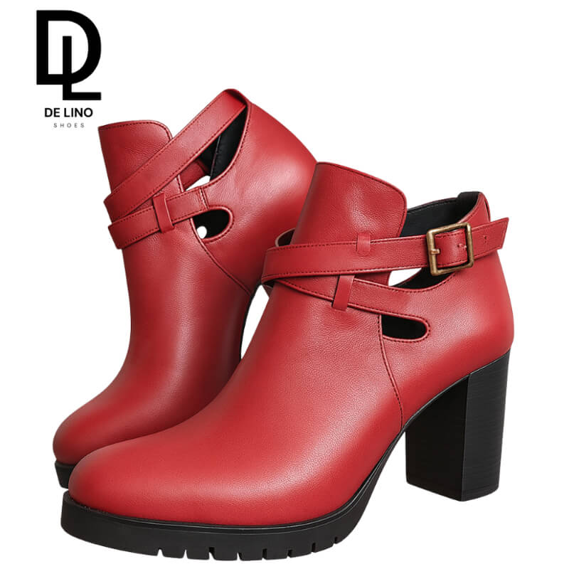 Botín NILO de Piel para Mujer | Tacón de 9 cm, Calado Decorativo y Correa Ajustable | Calzado de Lino
