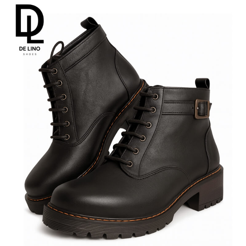 Botín DAMIETTA de Piel para Mujer | Tacón de 3 cm, Agujetas Frontales y Correa Ajustable | Ideal para Caminatas Largas | Calzado de Lino