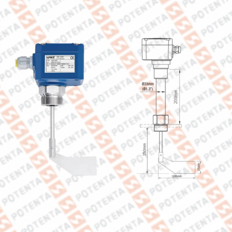 Paleta rotativa RN3 nivel sólidos, 22-230vac/vdc, rele spdt, b=35x106mm,1-1/4npt, S/ptfe, UWT