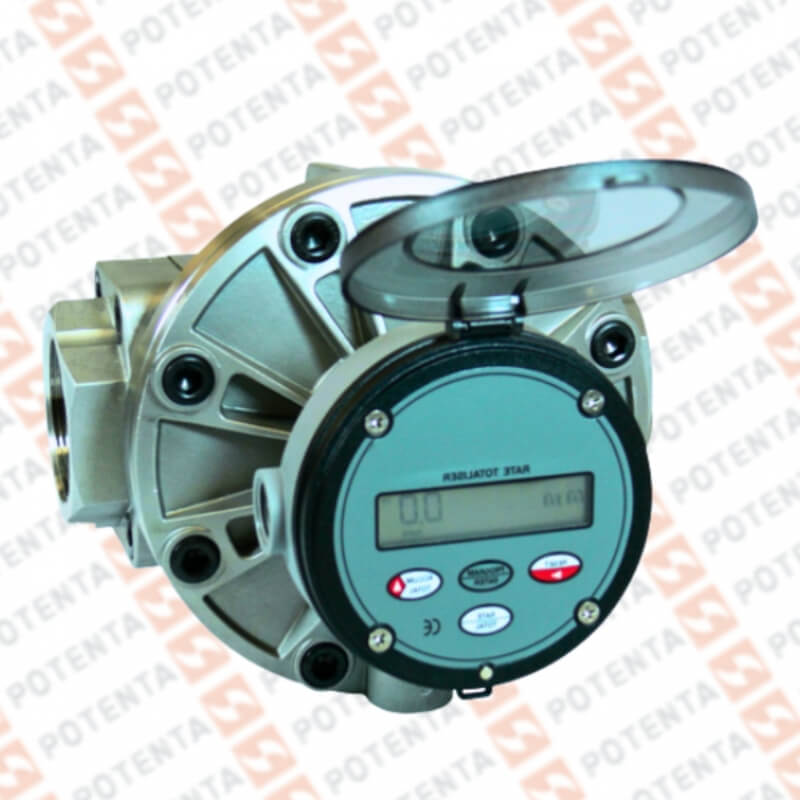 Flujometro OM, engranajes ovales, display, 2.6-40gpm, pulsos npn, 80°C, aluminio, 1npt-H, Flomec