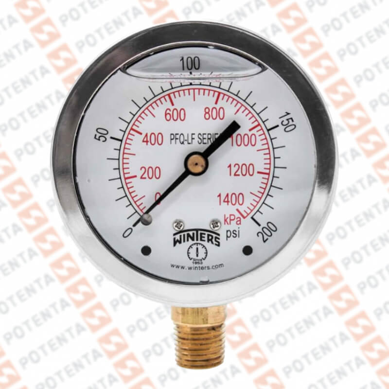 Manometro PFQ, dial 2.5, ZR, 0-200psi/bar 1.5%, 1/4npt inf, ss/laton, ip65, Winters