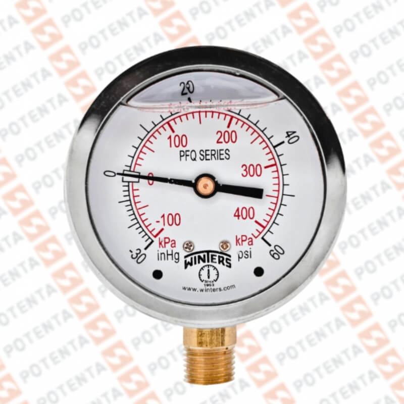 Manometro PFQ, dial 4, ZR, 0-60psi/bar 1.5%, 1/2npt inf, ss/laton, ip65, Winters