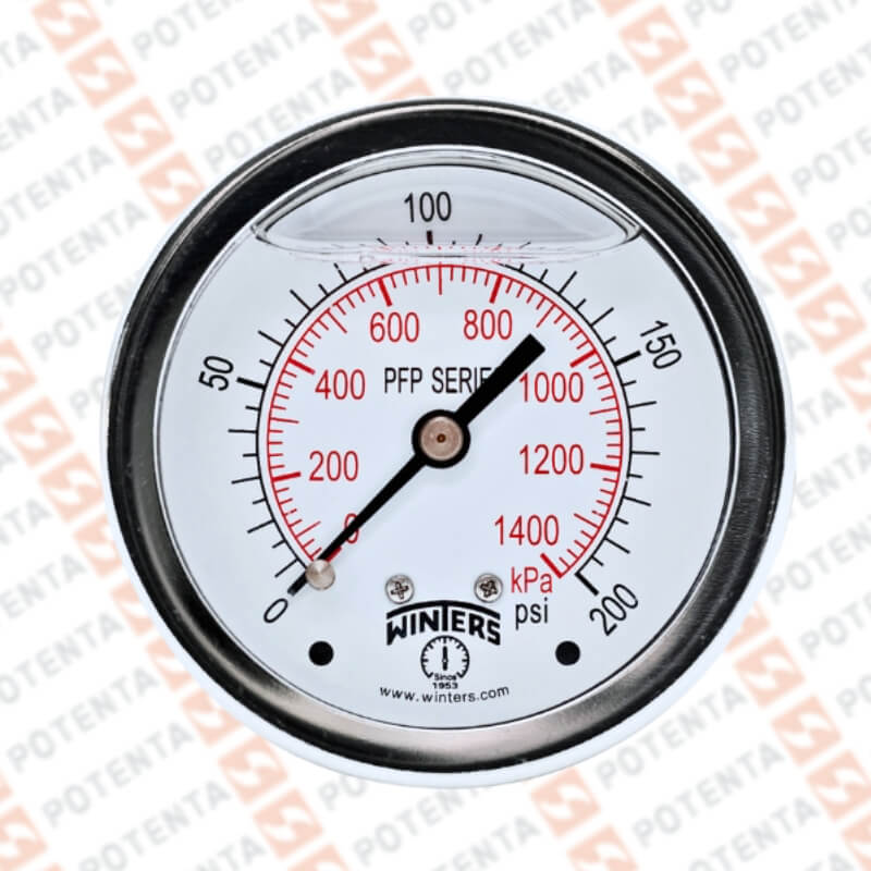 Manometro PFP, dial 2.5 ZR, 0-200psi/bar 1%, 1/4npt post, ss/ss, ip66, Winters